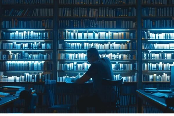 A person at a desk, exploring federated search software, with an extensive collection of books in the library behind them.