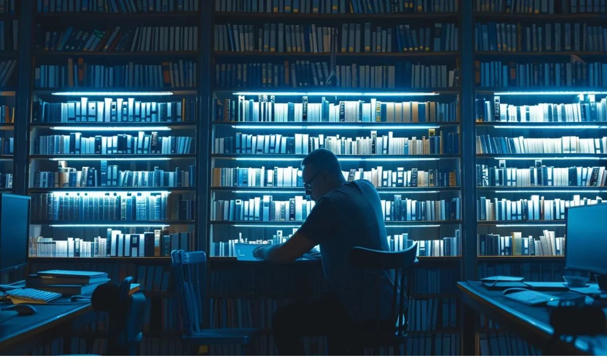 A person at a desk, exploring federated search software, with an extensive collection of books in the library behind them.